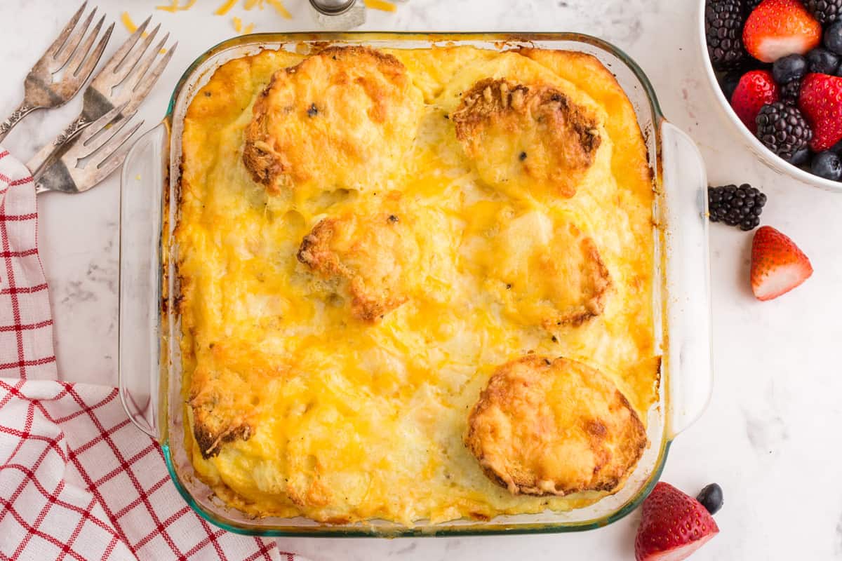 Overhead view of a cheesy casserole.