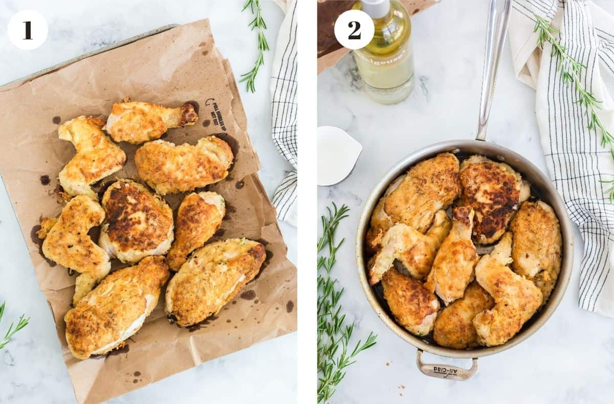 A bunch of fried chicken draining on a brown paper bag and in a skillet.