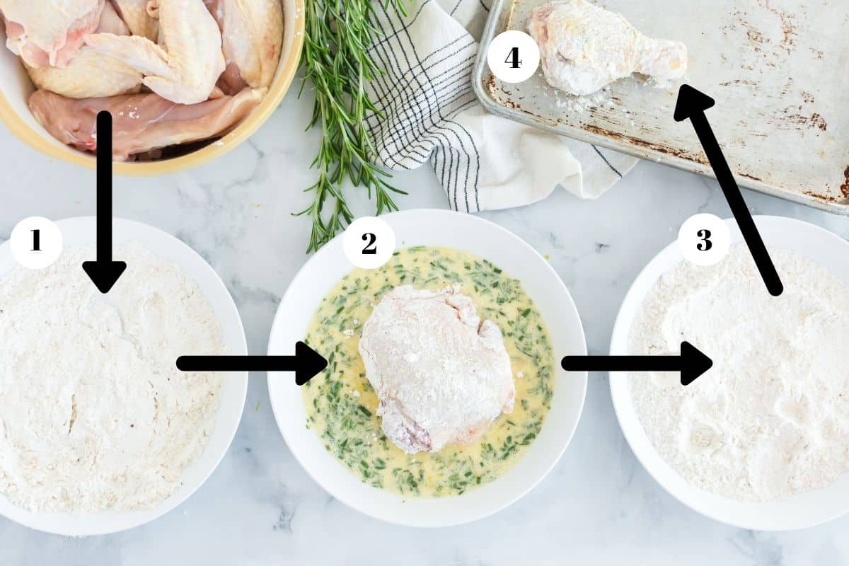 Chicken being dredged in flour, egg wash, and flour.