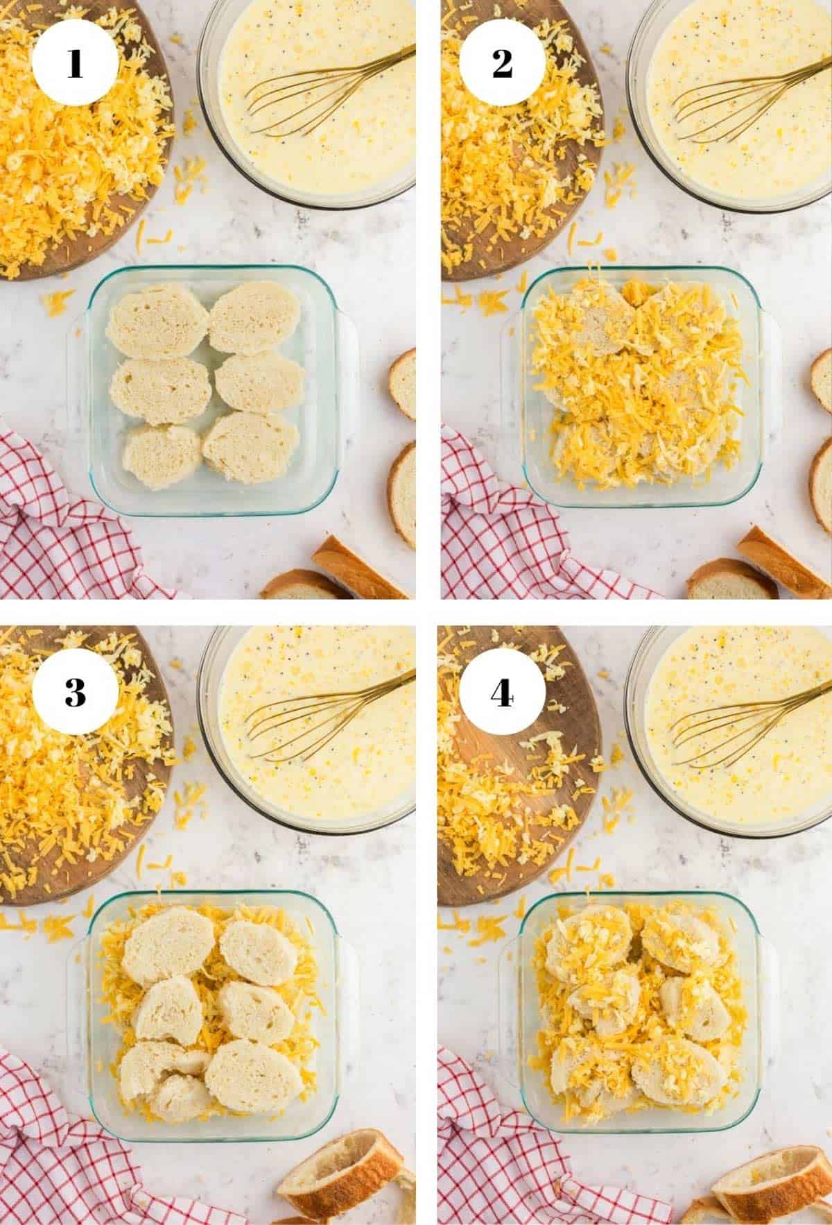 A mixing bowl, a plate of shredded cheese, and a pan of bread.