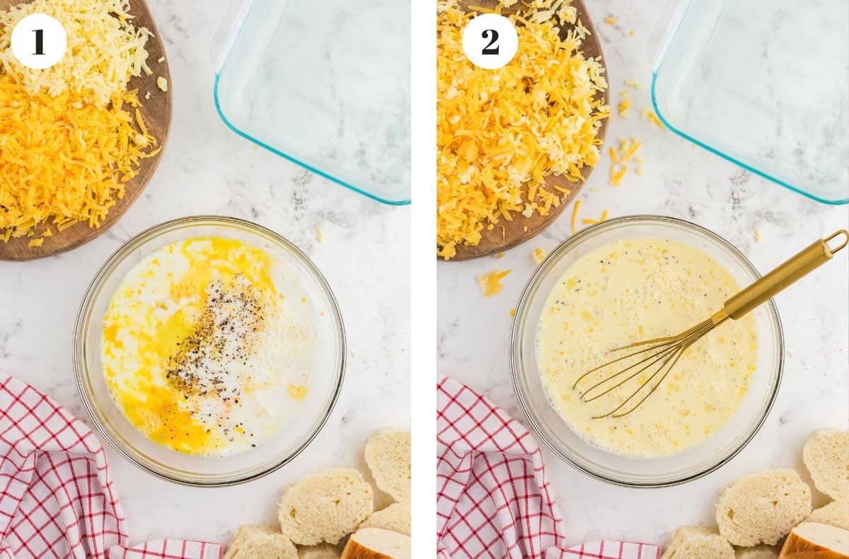 Mixing eggs and milk in a mixing bowl.