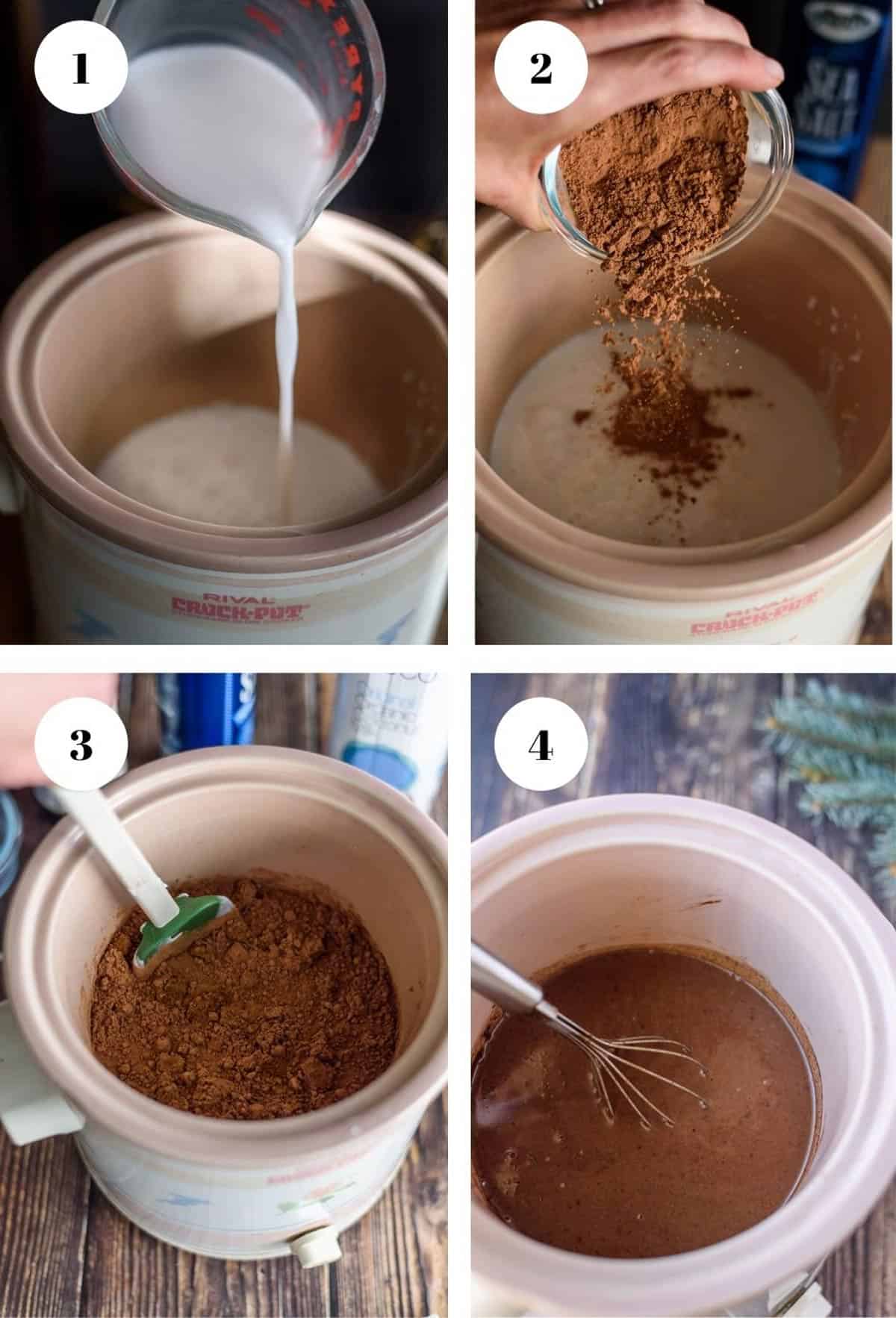 Pouring ingredients into a crock pot for vegan hot chocolate