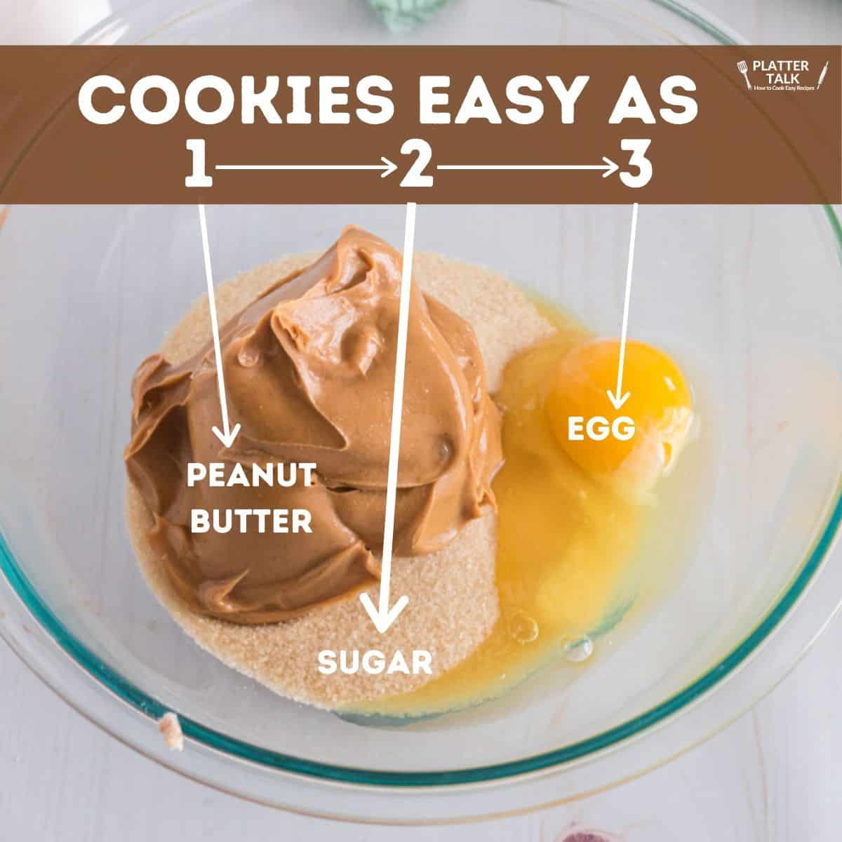 A mixing bowl of peanut butter, sugar, egg.