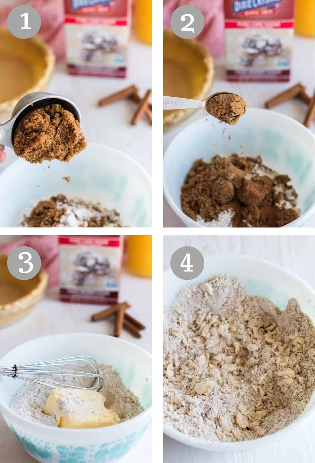 Adding dry ingredients to a mixing bowl.
