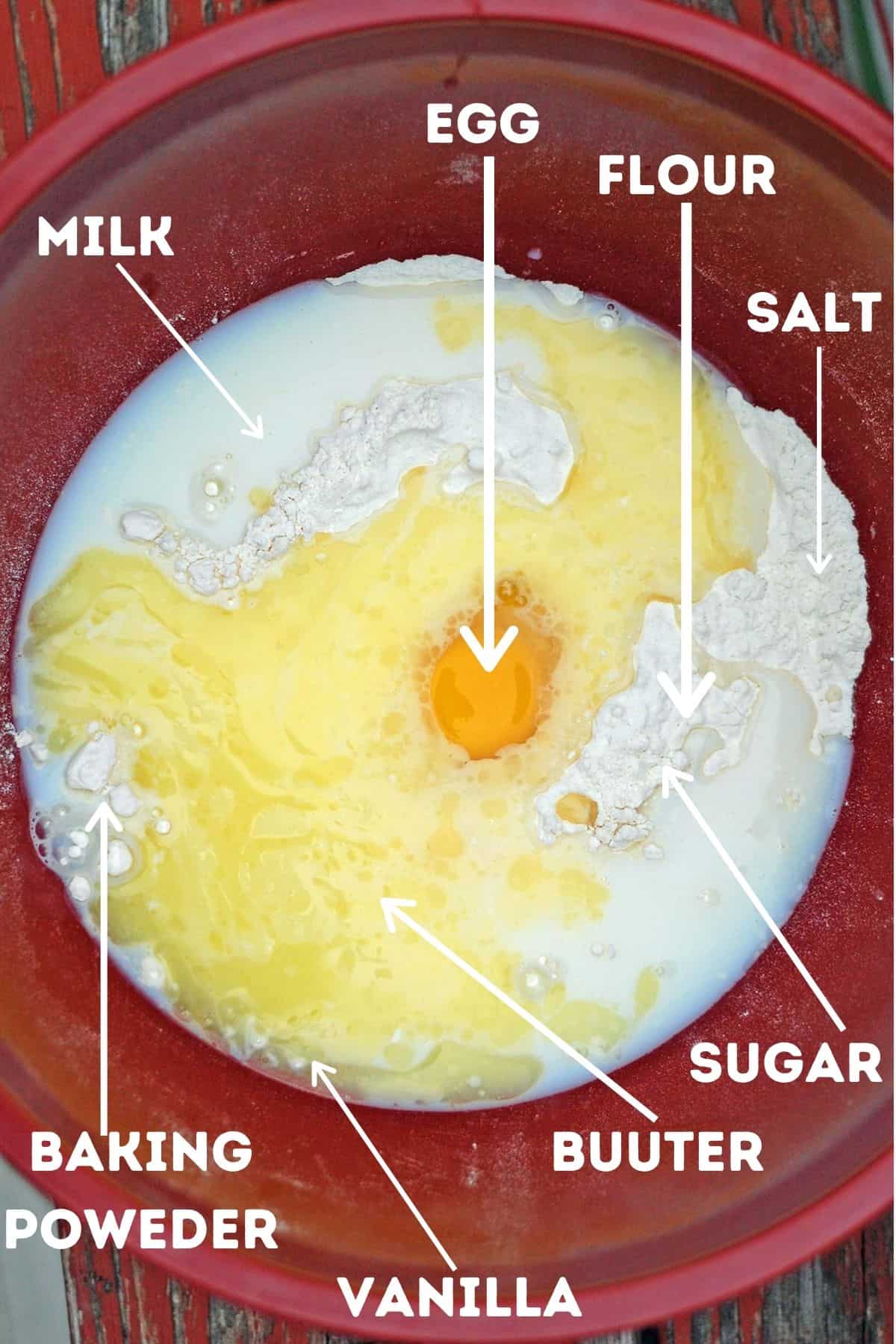 A bunch of ingredients in a mixing bowl.