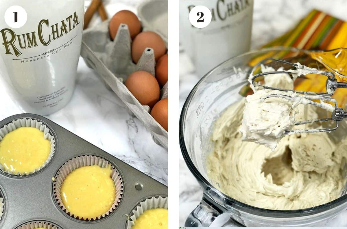 Some cake batter in a cupcake pan an some frosting in a mixing bowl.