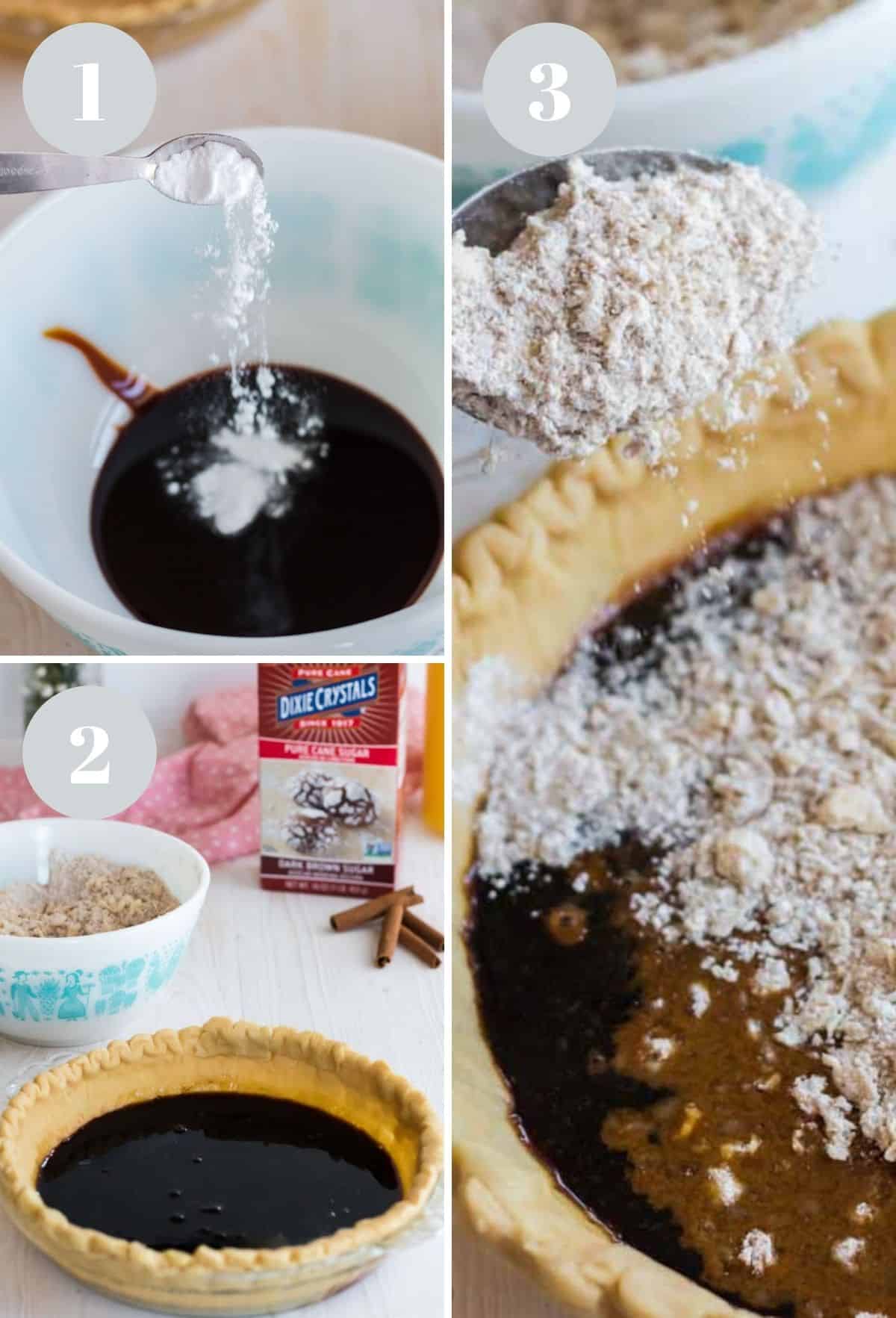 Adding molasses and water to a mixing bowl and a crumb topping on a pie.