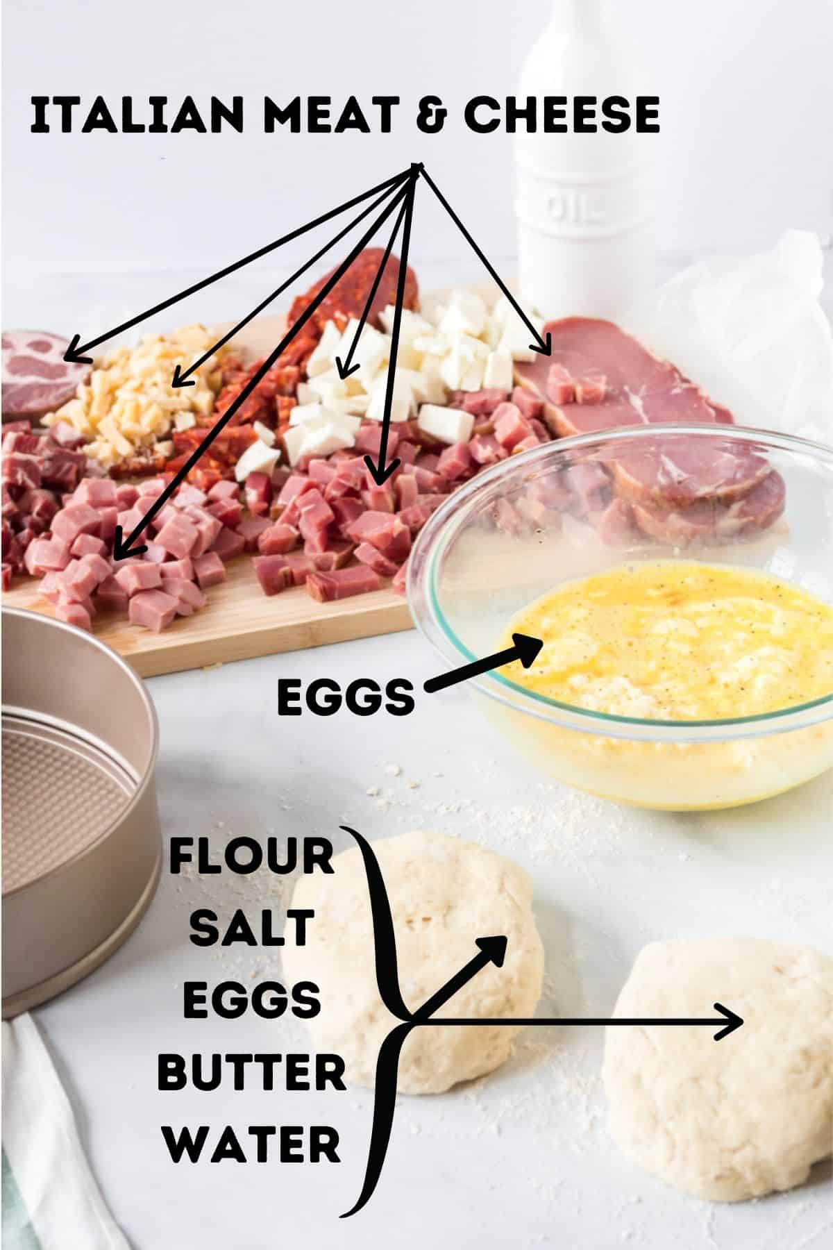 A bunch of dice up meat and cheese with two