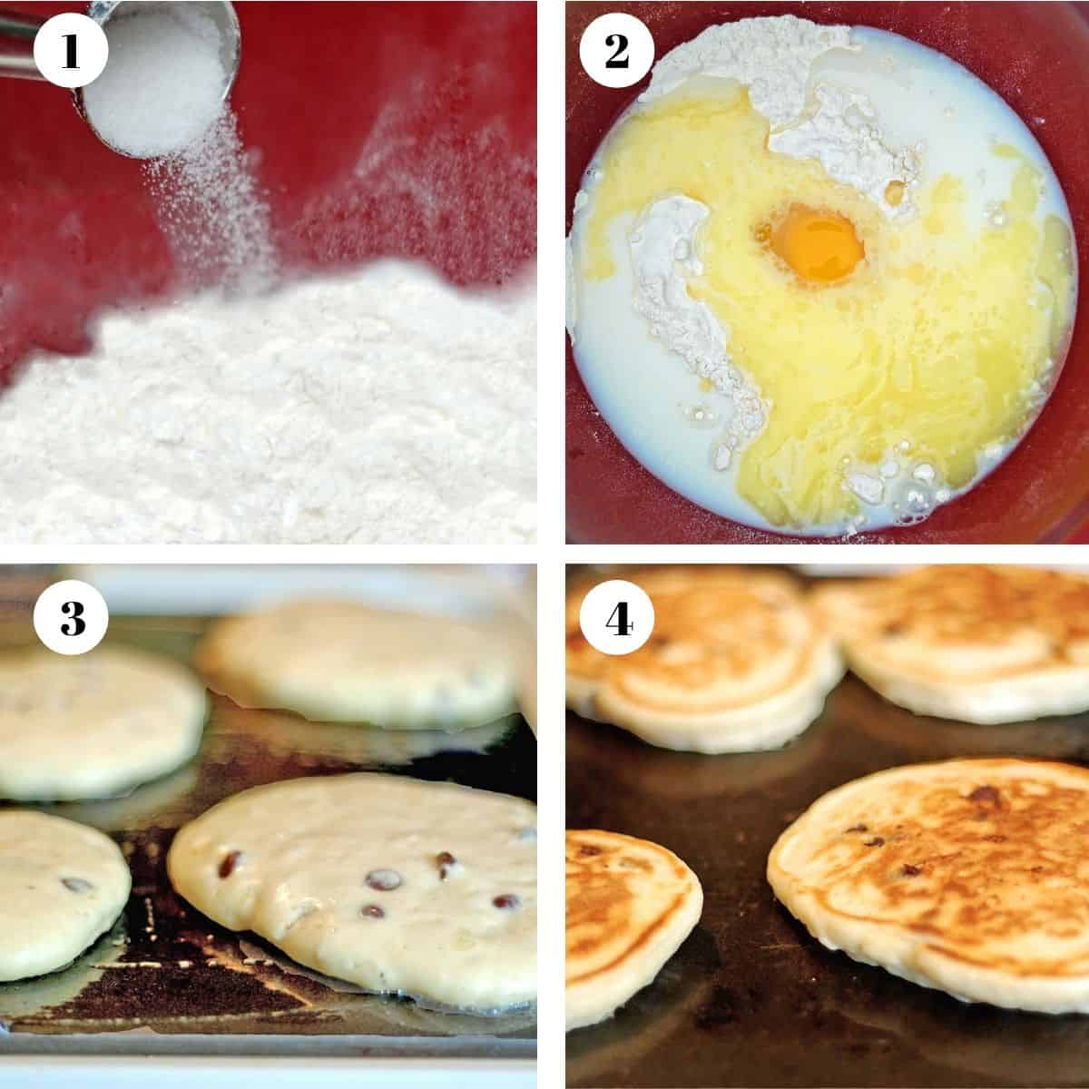 Pouring ingredients into a mixing bowl and then cooking pancakes on a griddle.