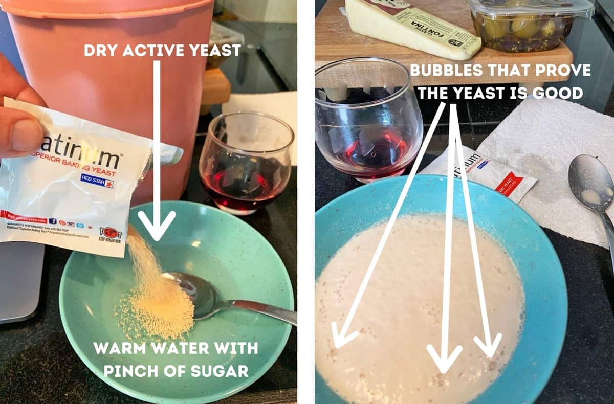 Adding yeast to a bowl of water.