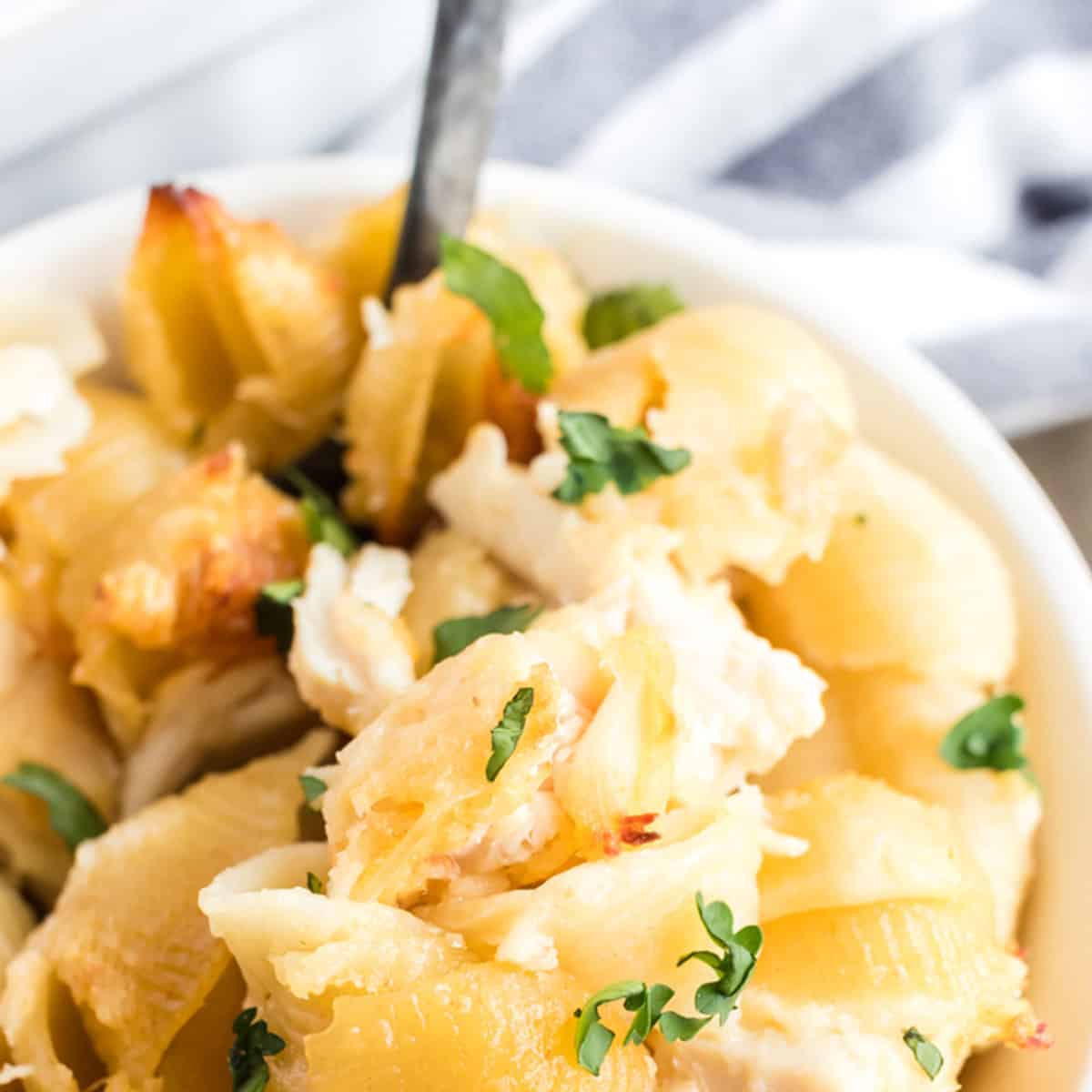 A bowl of pasta garnished with parsley.