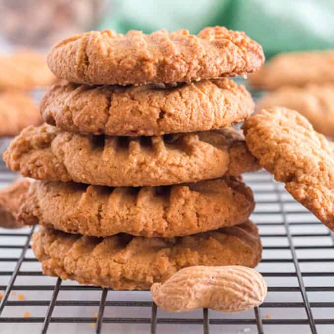 a stack of peanut butter cookies.