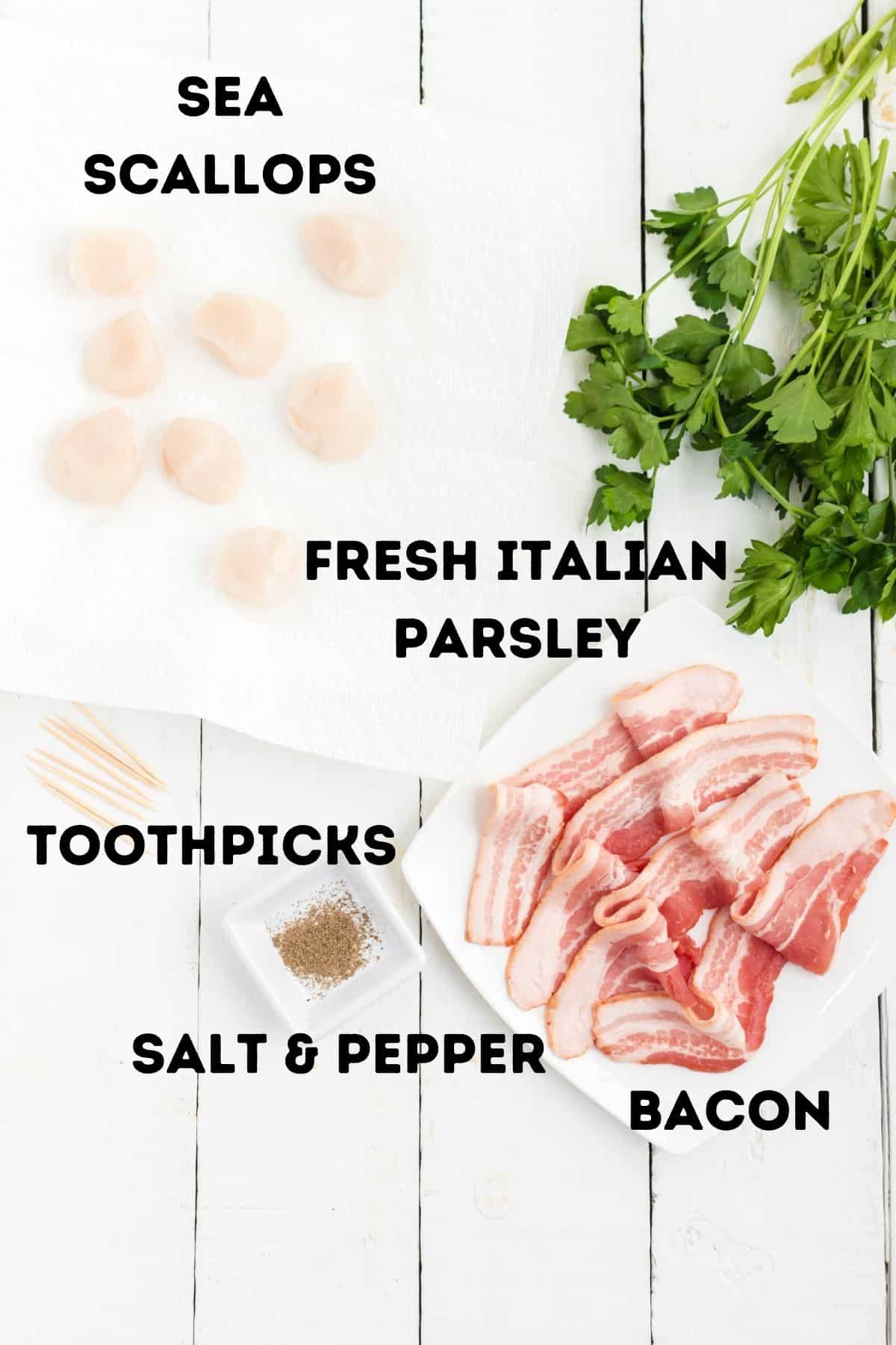 Ingredients for air fryer bacon-wrapped scallops.