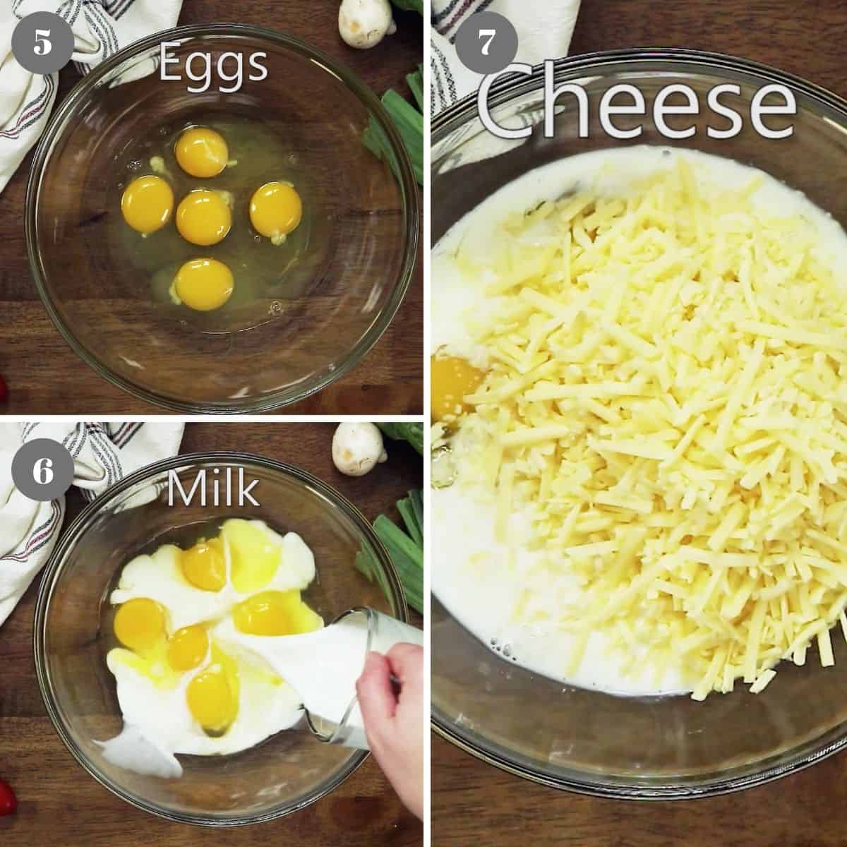 A mixing bowl filled with eggs, milk, and shredded cheese.