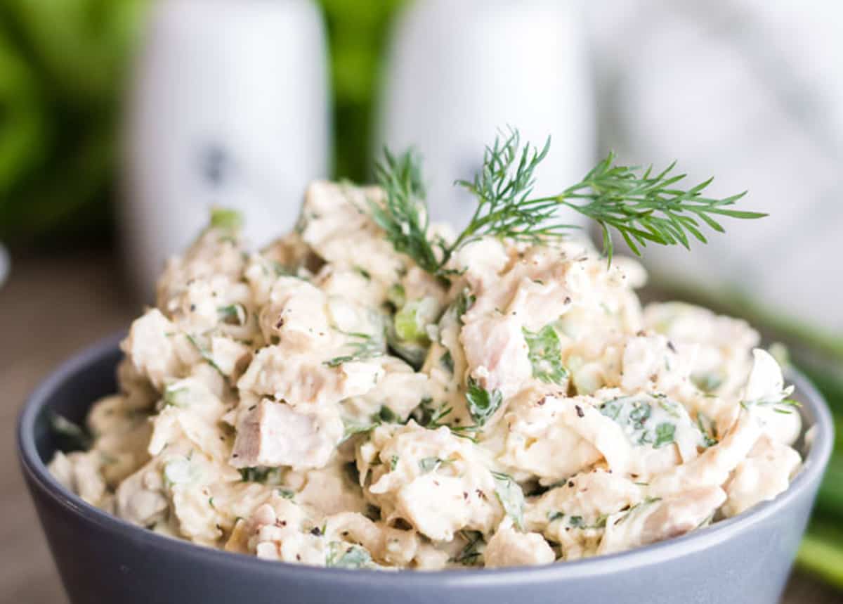 A bowl of keto chicken salad.