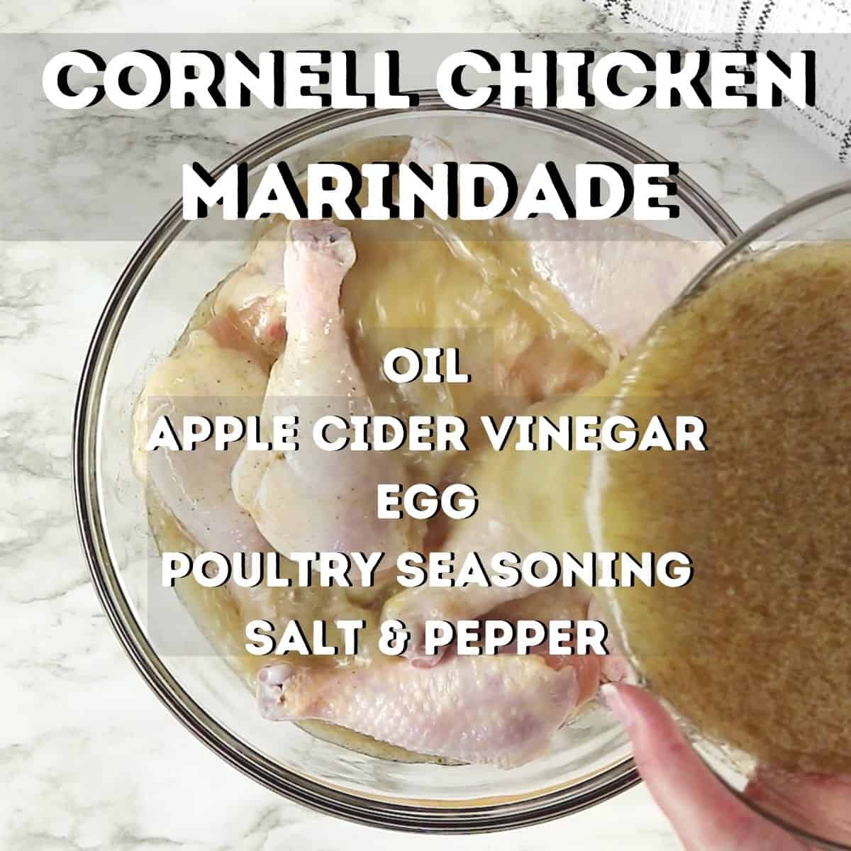 Pouring marinade over chicken in a bowl.