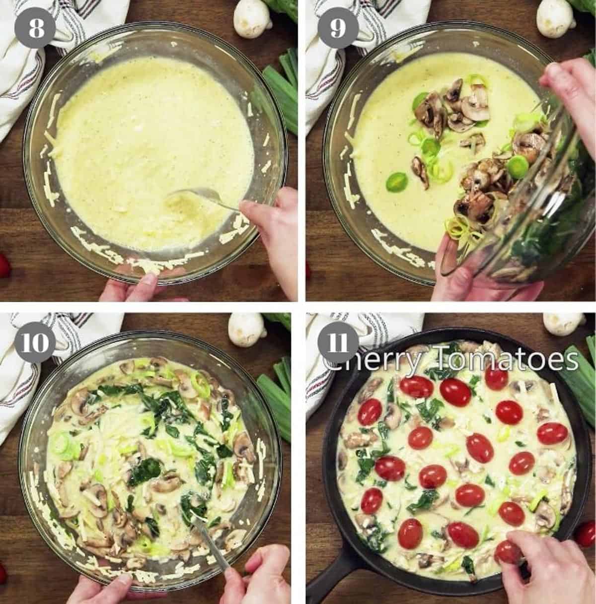 Stirring a bunch of ingredients in a mixing bowl with tomatoes.