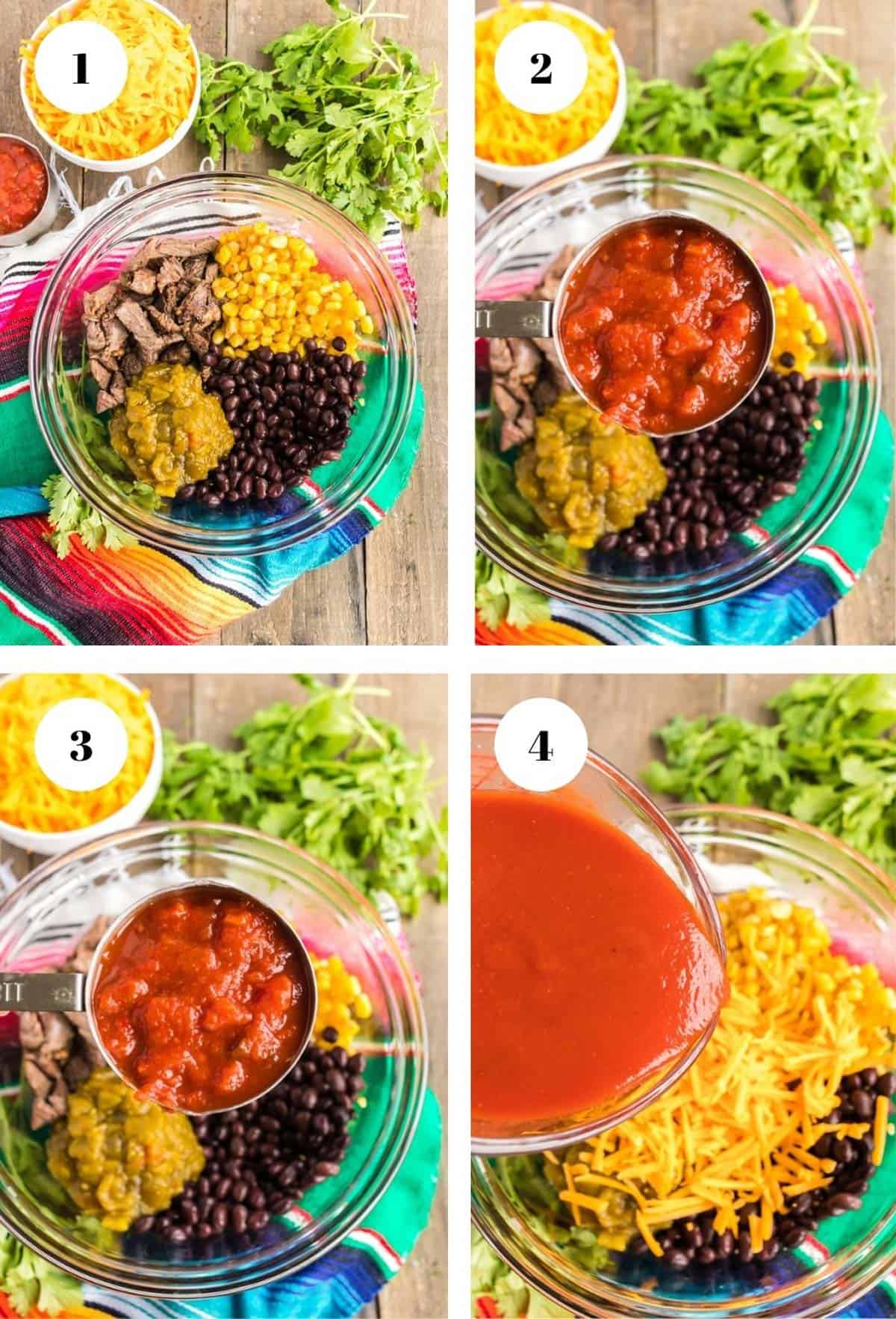 Pouring ingredients into a bowl to make enchiladas.