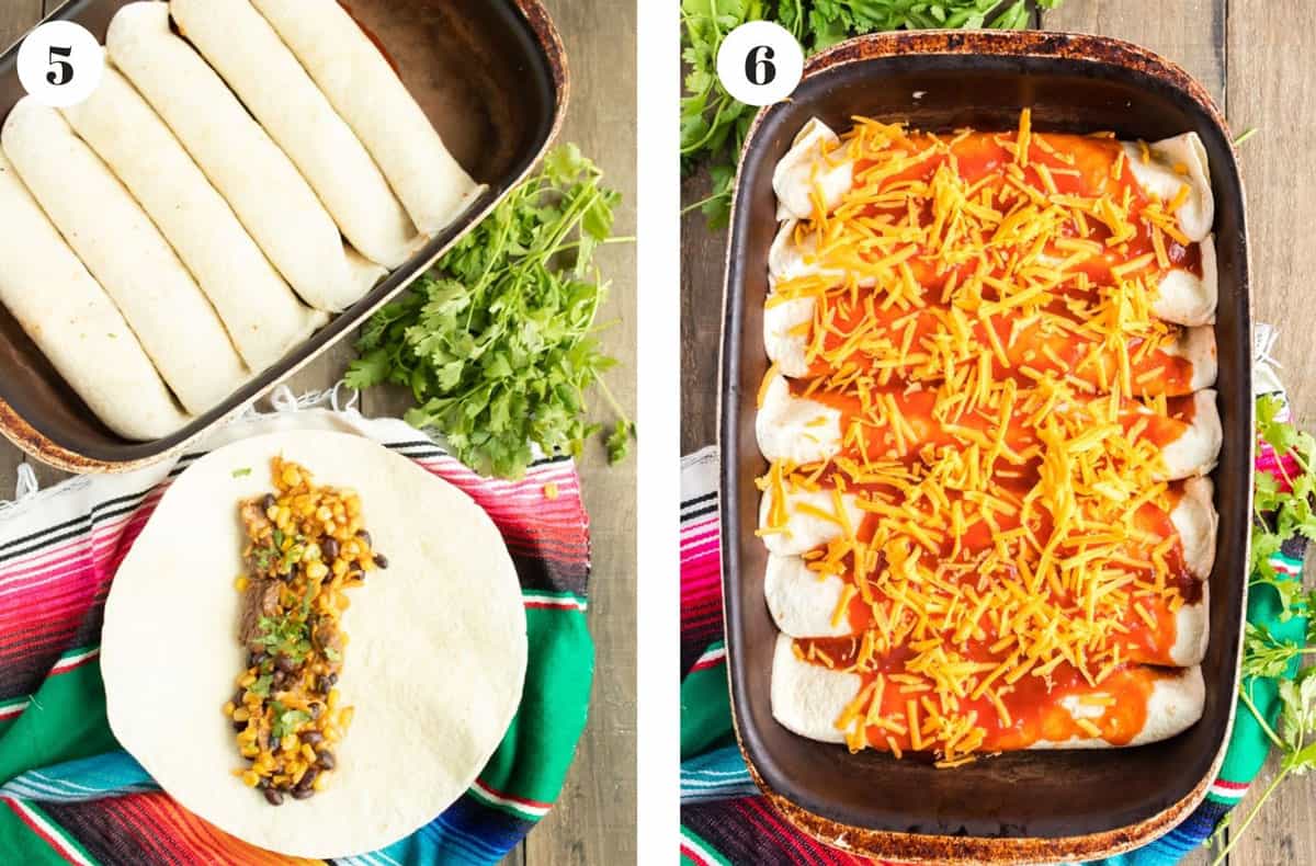 Rolling enchiladas and then placeing them in a baking pan.