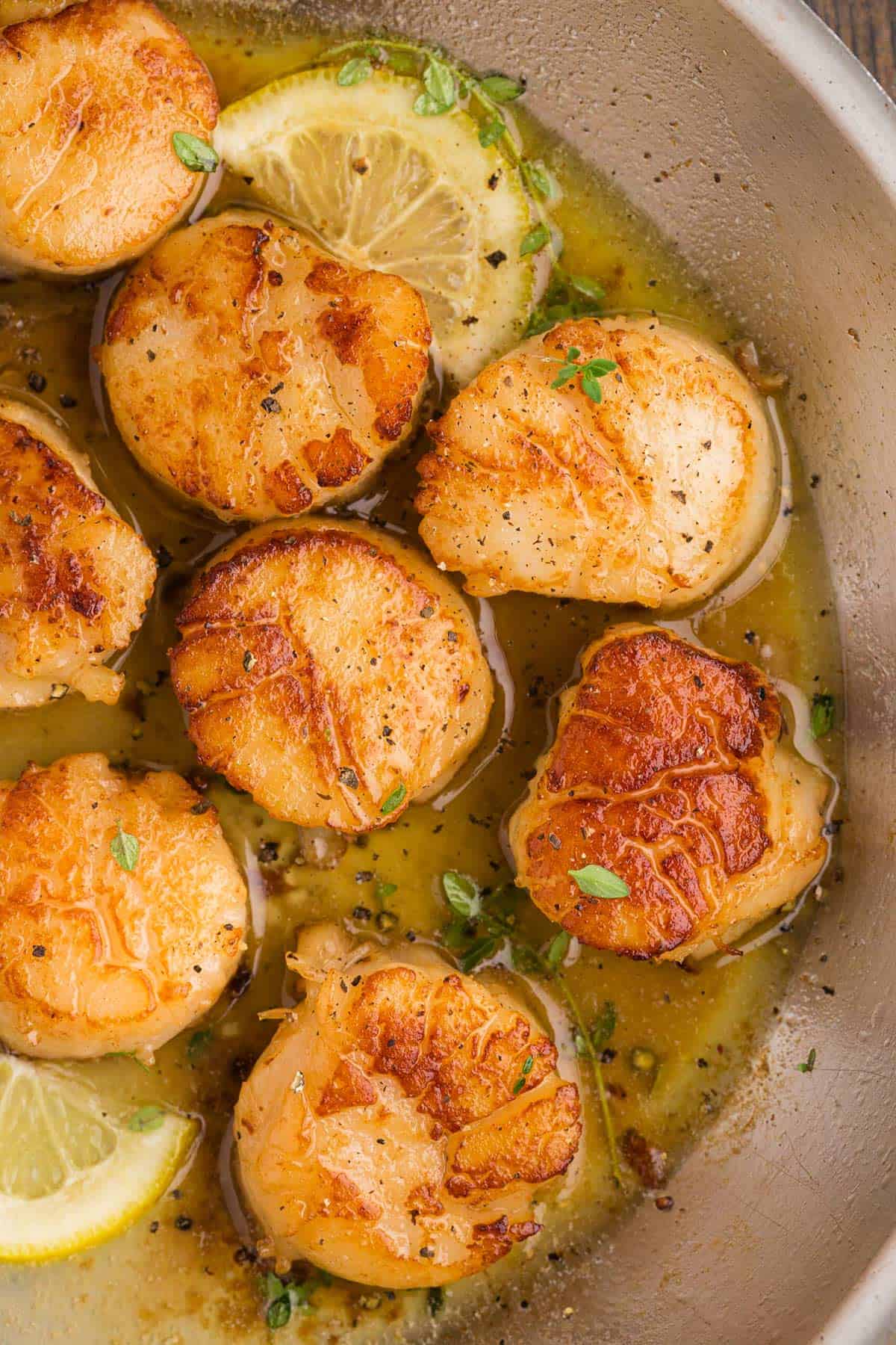 Alton Brown scallops A bunch of sea scallops being cooked in a pan.