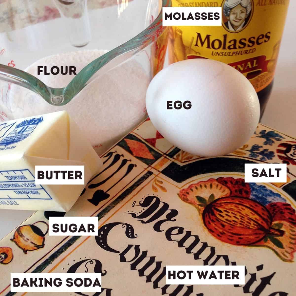 An egg, flour, butter, molasses and other baking ingredients.