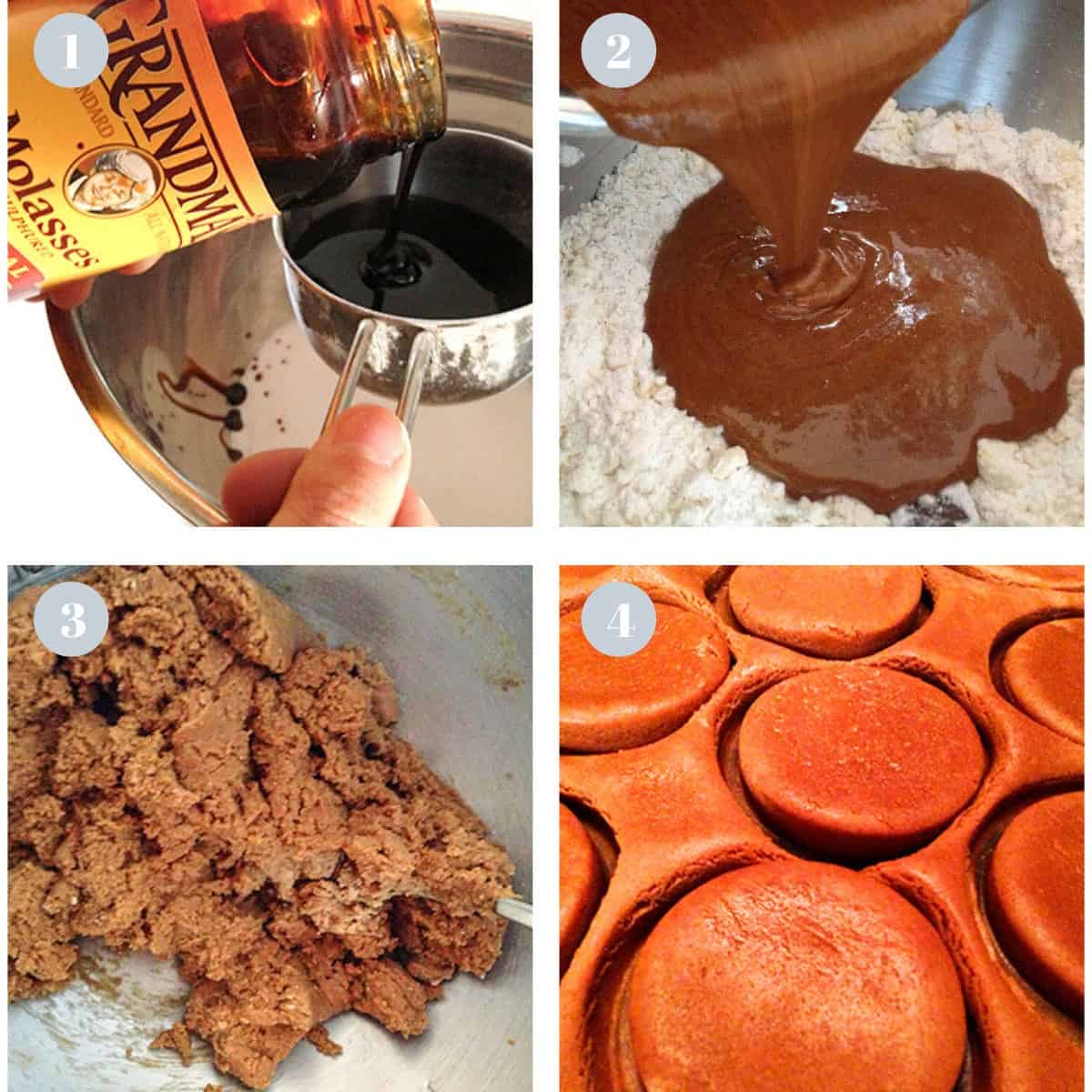 Pouring molasses into a mixing bowl and making molasses cookies.