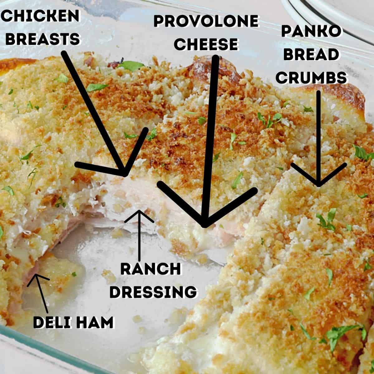 Chicken cordon bleu casserole with a piece cut out and list of ingredients.