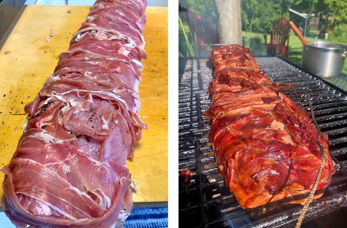 A big piece of raw meat and cooked meat on a grill.