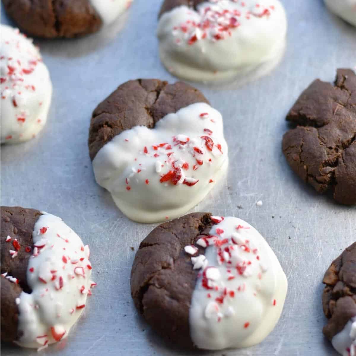 A bunch of cookies on parchment paper.