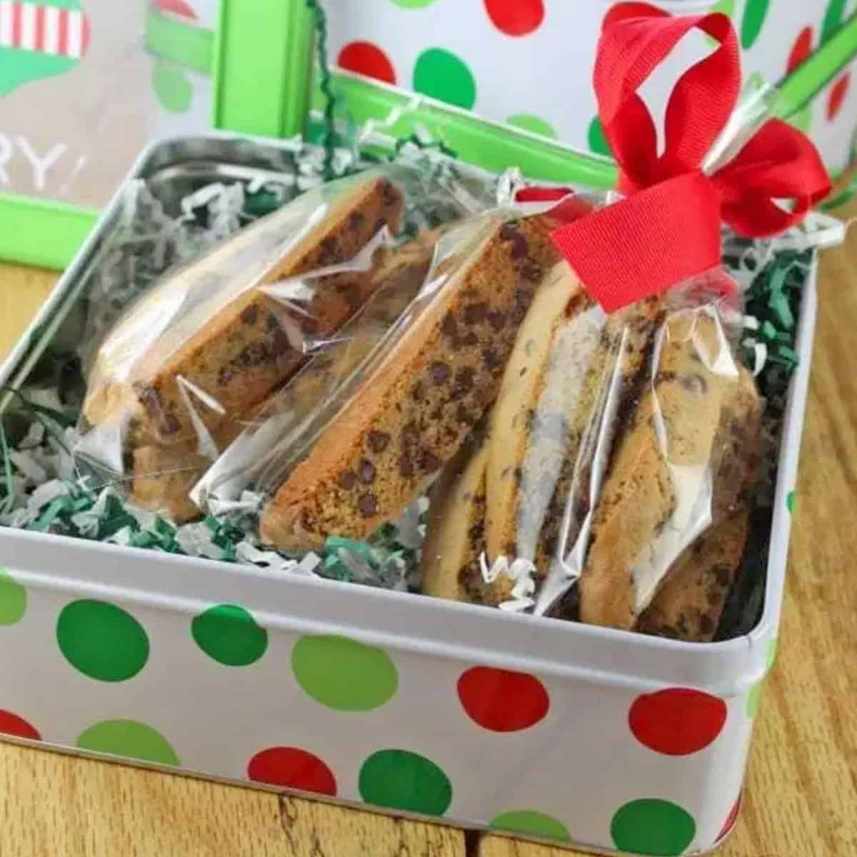 A holiday gift box full of chocolate chip biscotti.