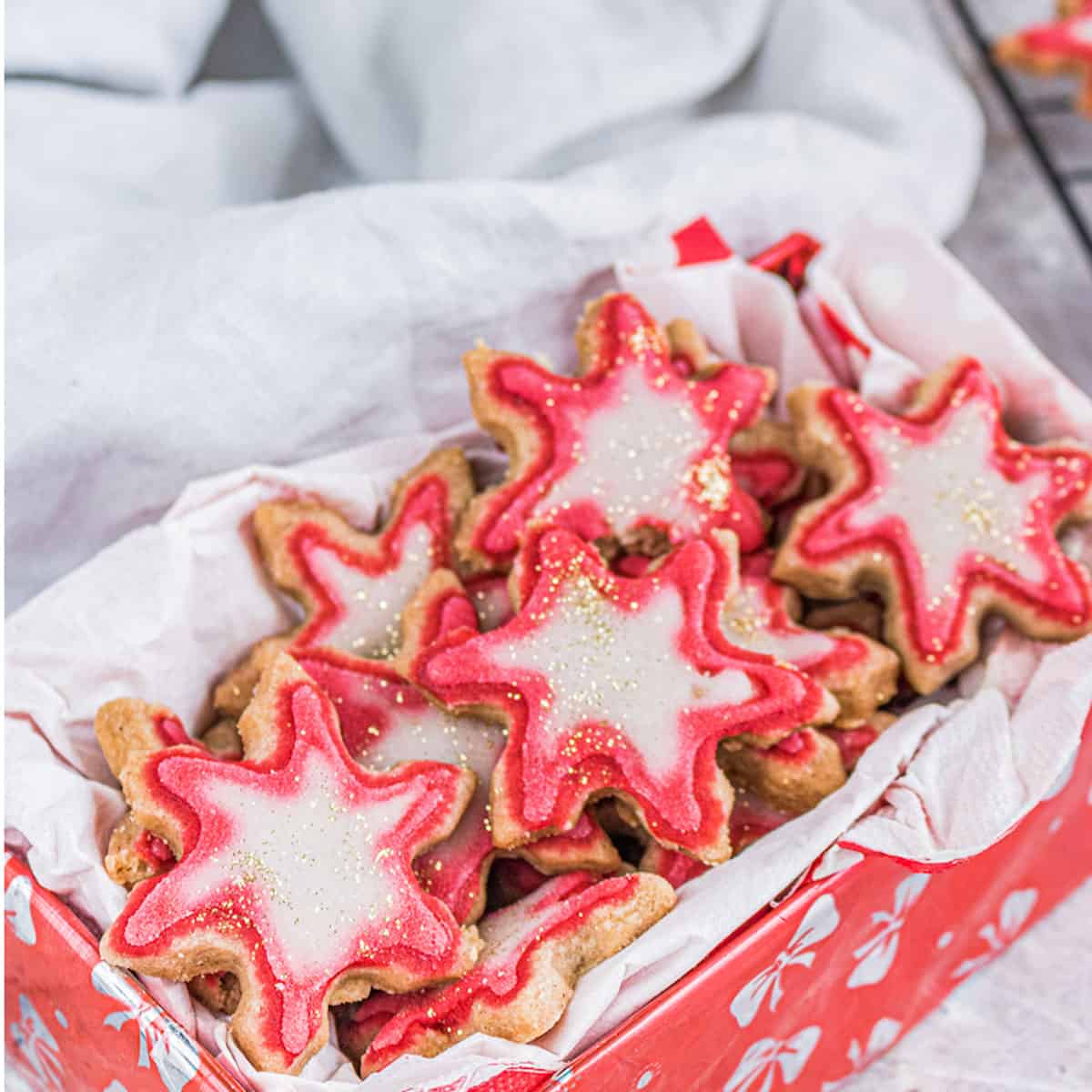 A box of star-shaped Christmas cookies.