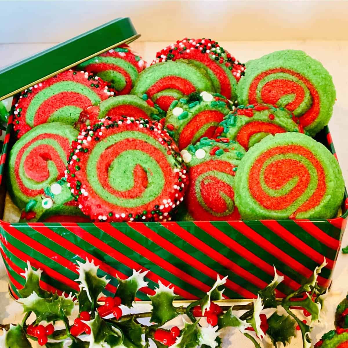 A gift box of Christmas pinwheel cookies.
