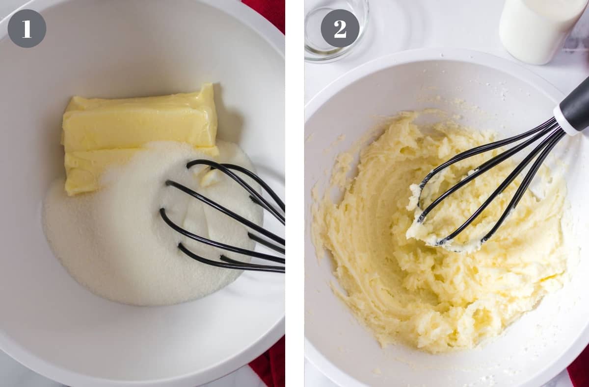 Creaming butter and sugar together in a mixing bowl.