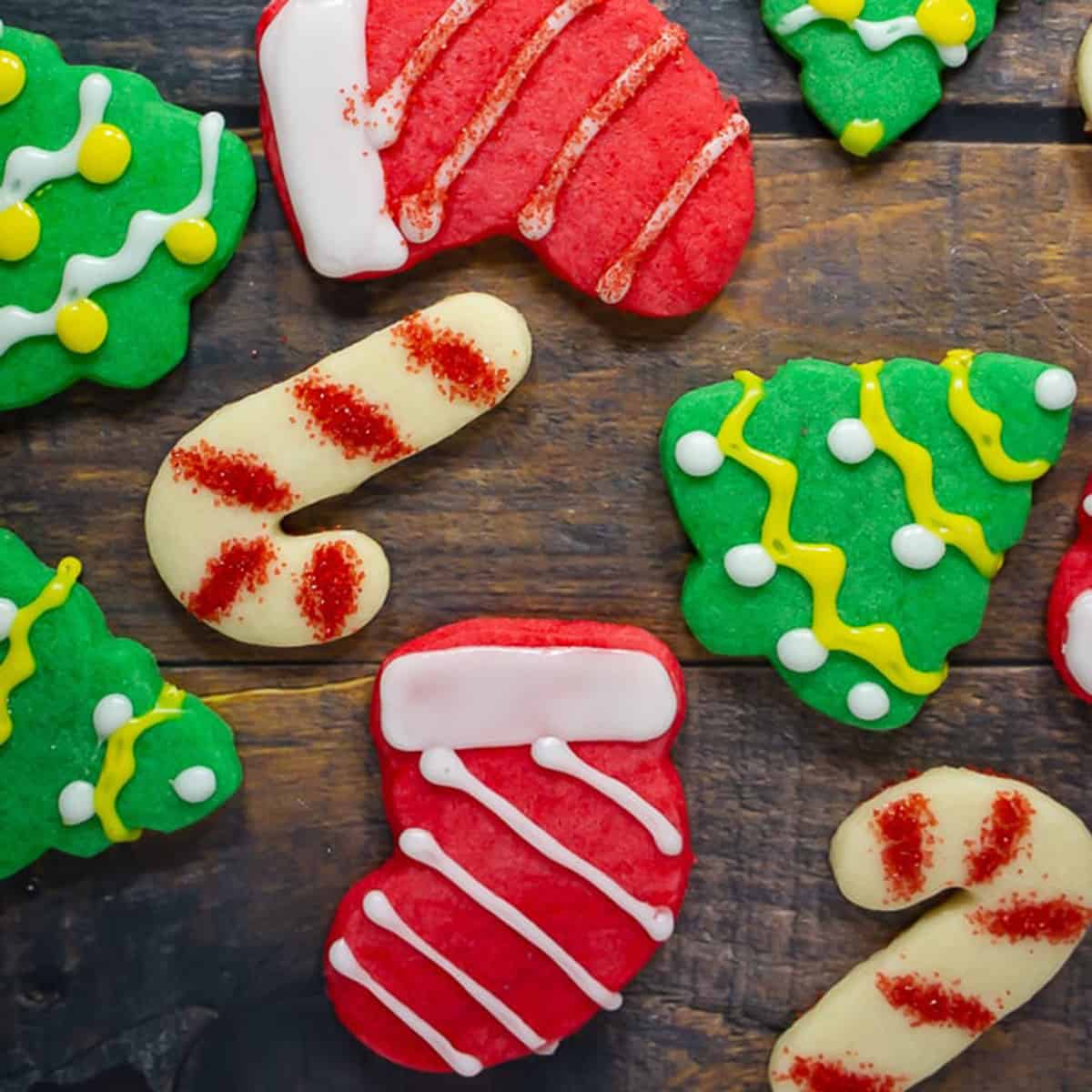A group of colorful Christmas cookies.