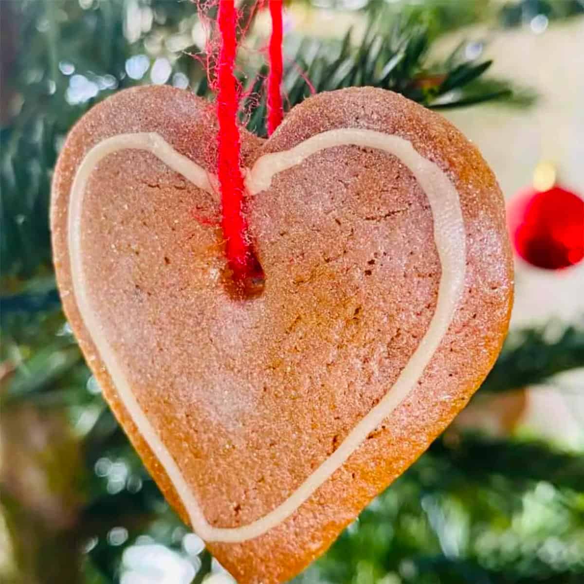 An edible Christmas tree ornament hanging from a tree.