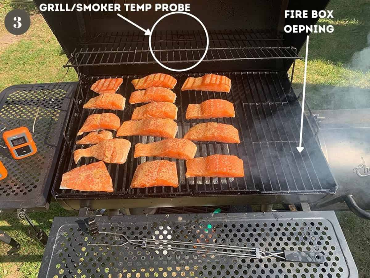 A bunch of salmon on an offset wood smoker.