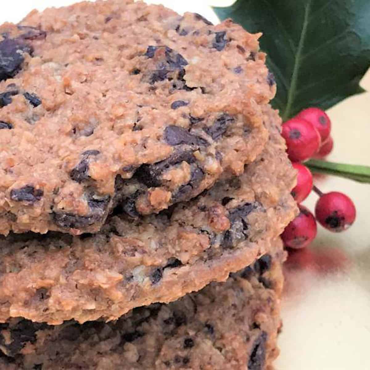 A stack of brown cookies with cranberries.