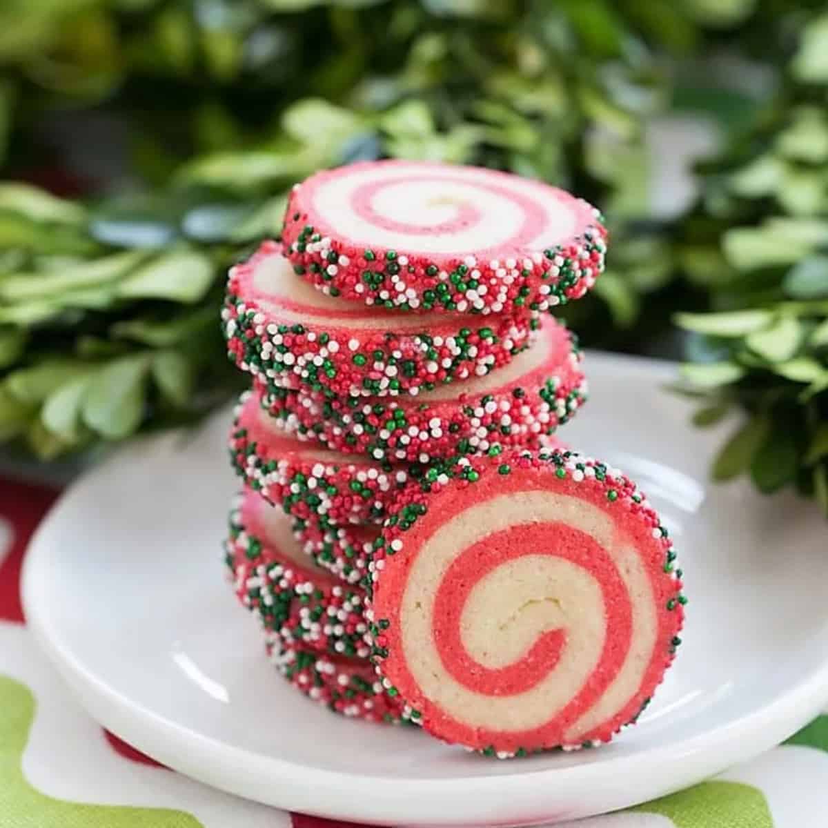 A stack of red pinwheel cookies.