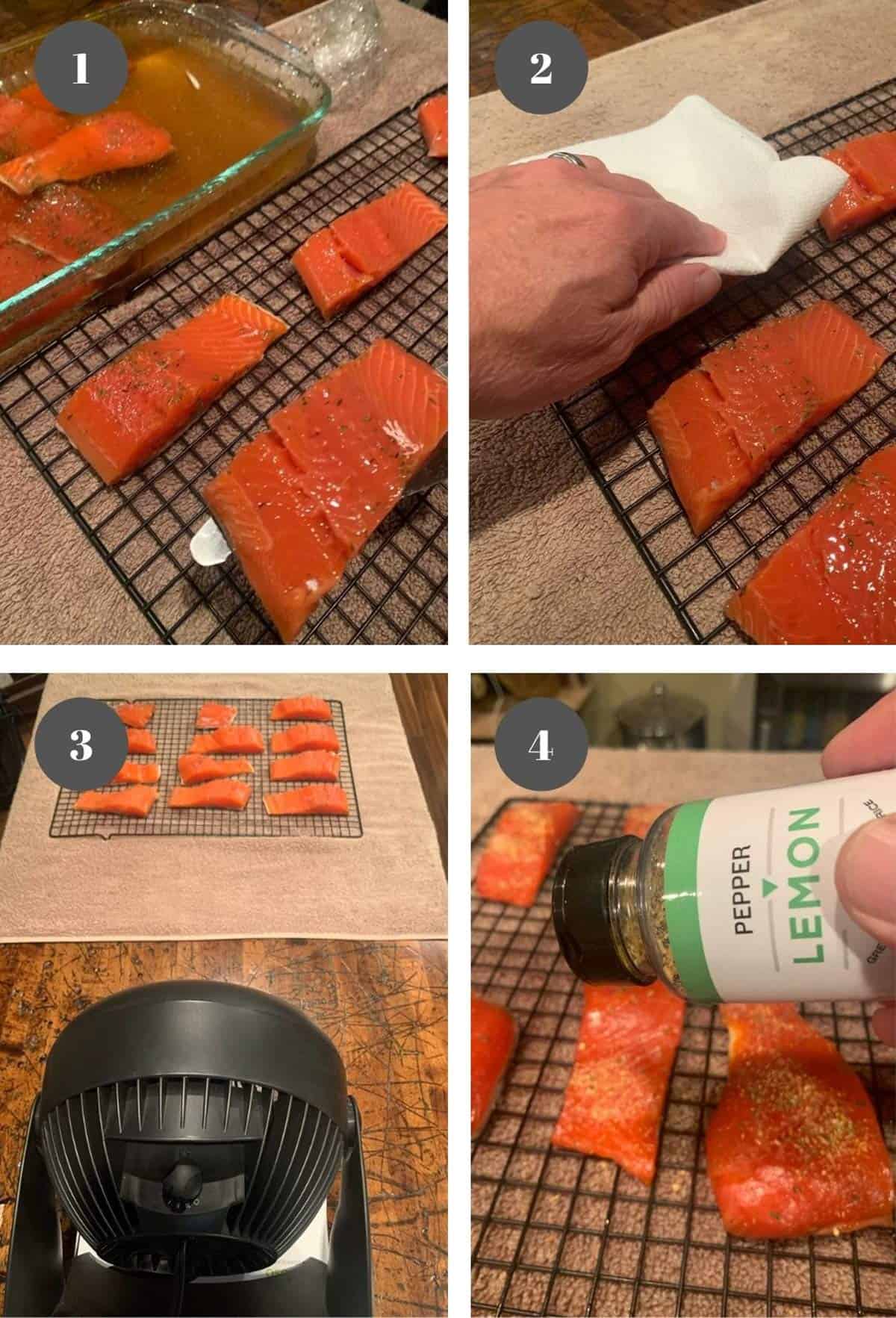 Placing slices of salmon on a wrack to dry.