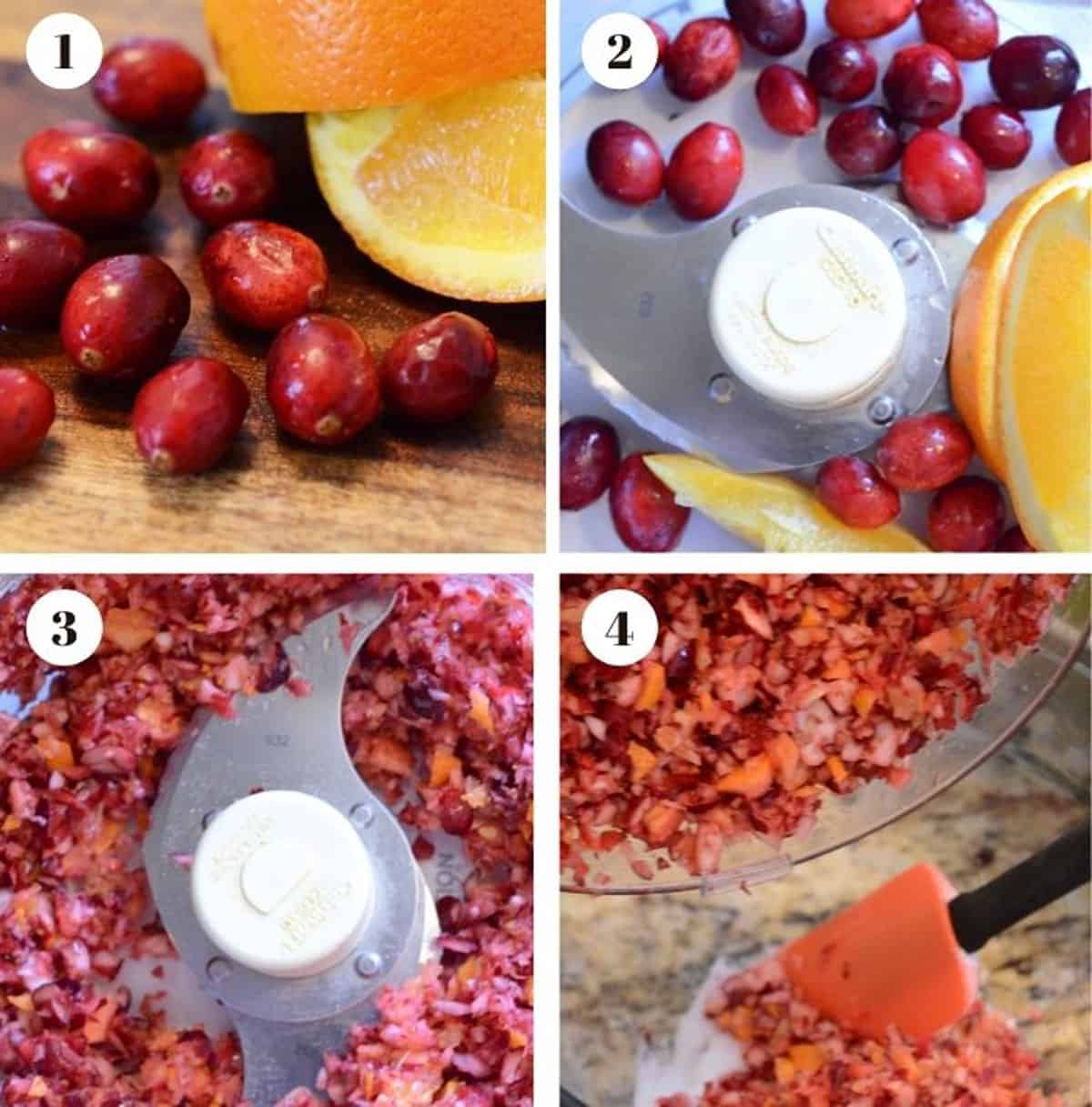 Chopping up fresh cranberries and an orange in a food processor.