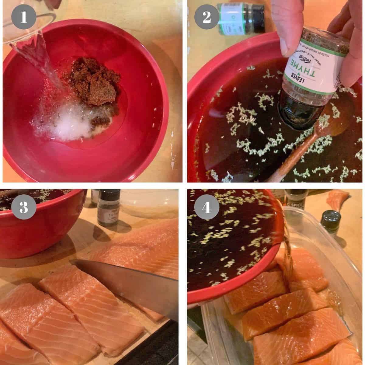 Mixing a brine and pouring it over slices of salmon.