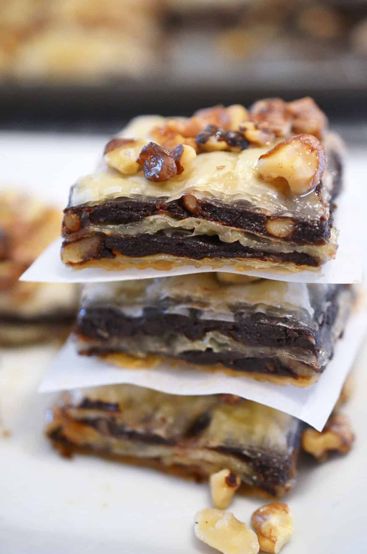 A stack of chocolate baklava.