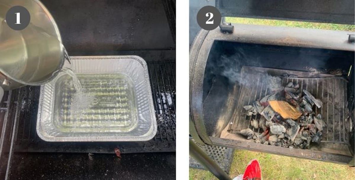 Filling a water pan of a smoker and lighting charcoal in the wood chamber.