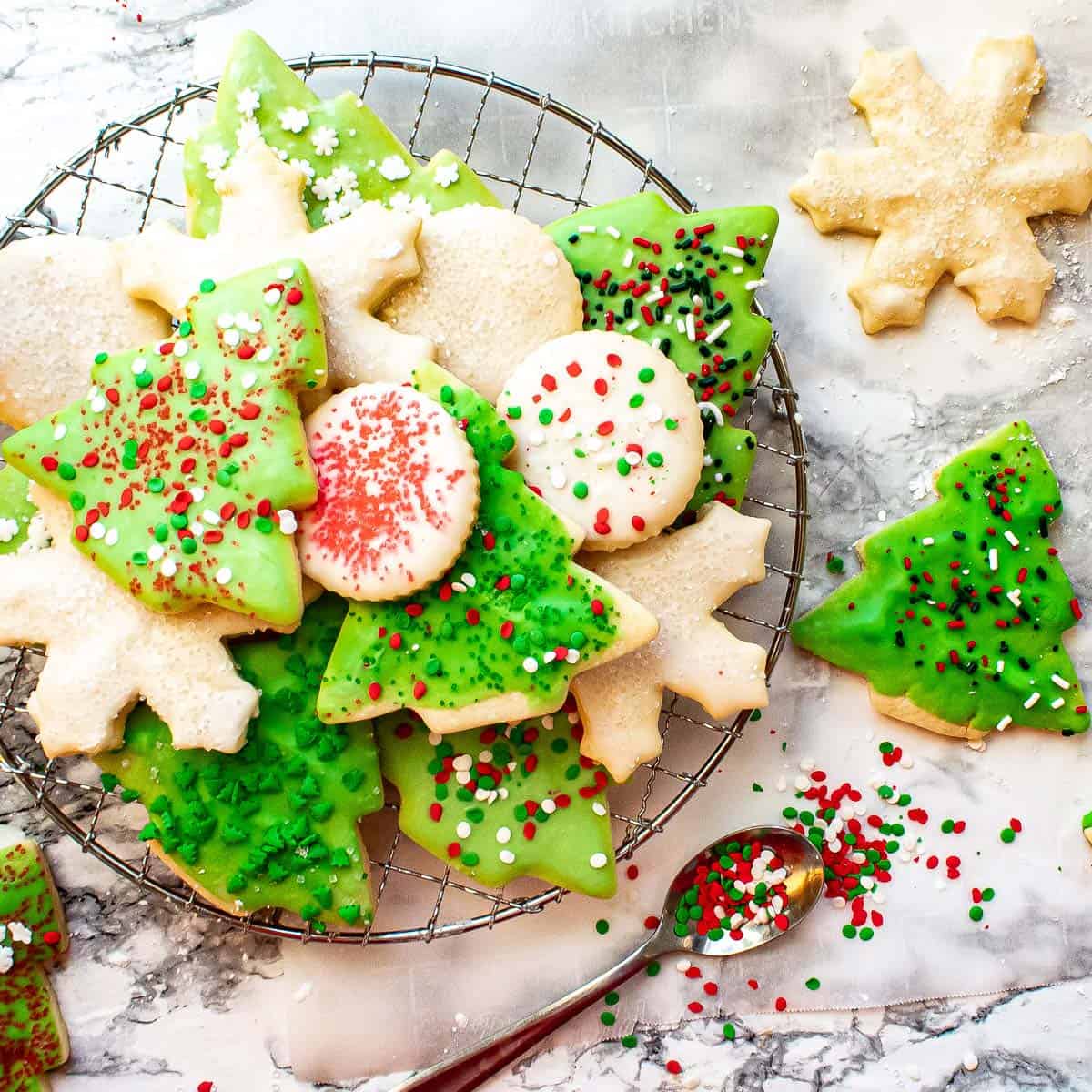 A group of colorful holiday cookies.