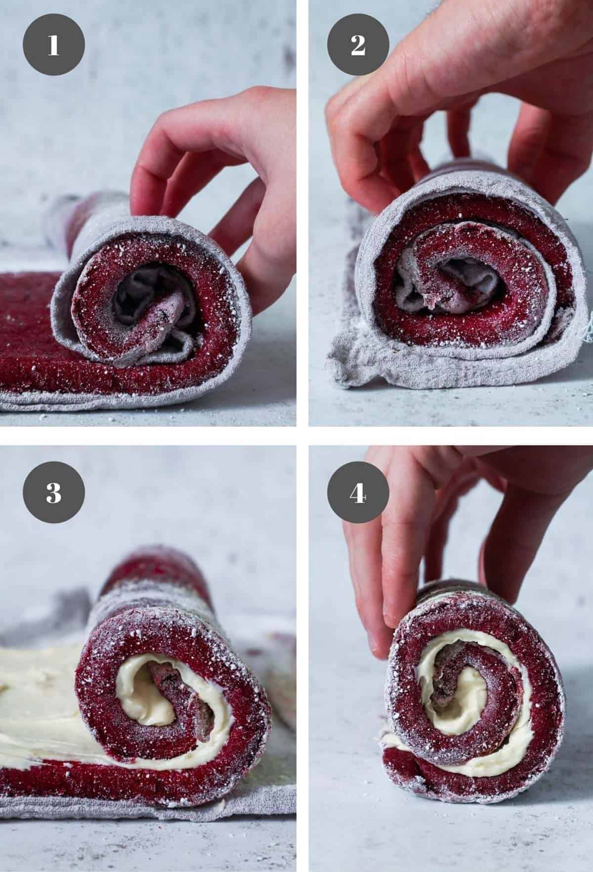 Rolling a red cake roll with frosting on it.