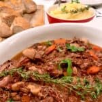 A pan of beef bourguignon