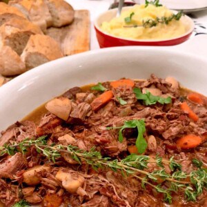 A pan of beef bourguignon