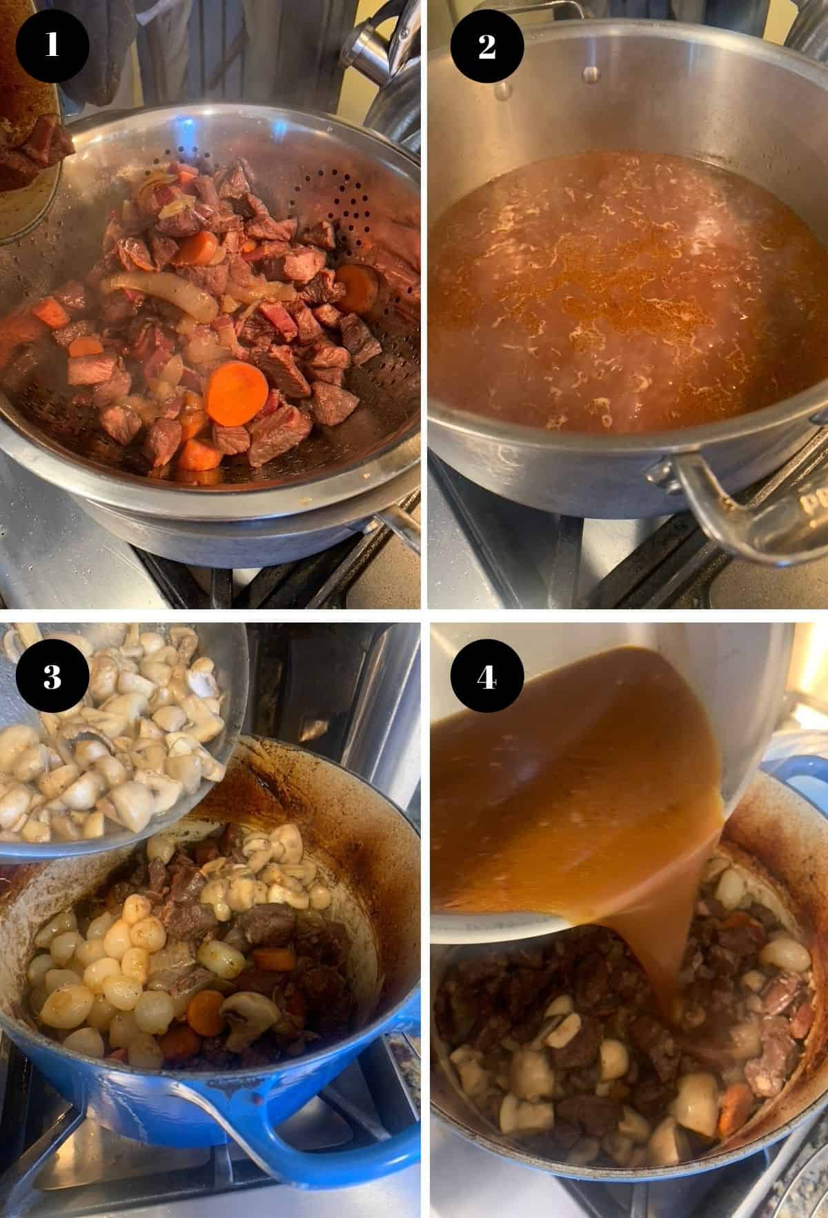 Adding meat, broth, and mushrooms to a Dutch oven.