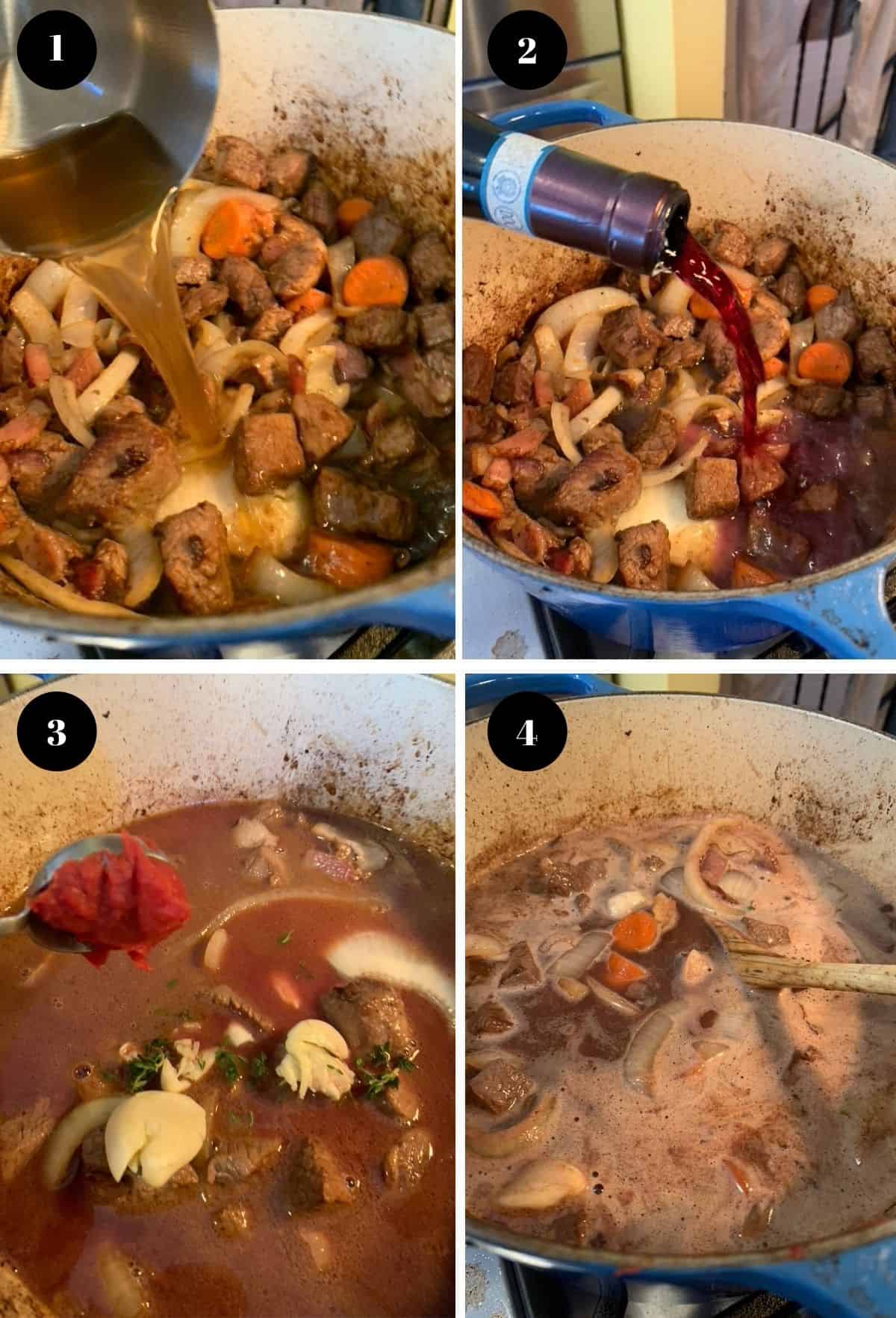 Adding broth an wine to a pot of beef bourguignon.