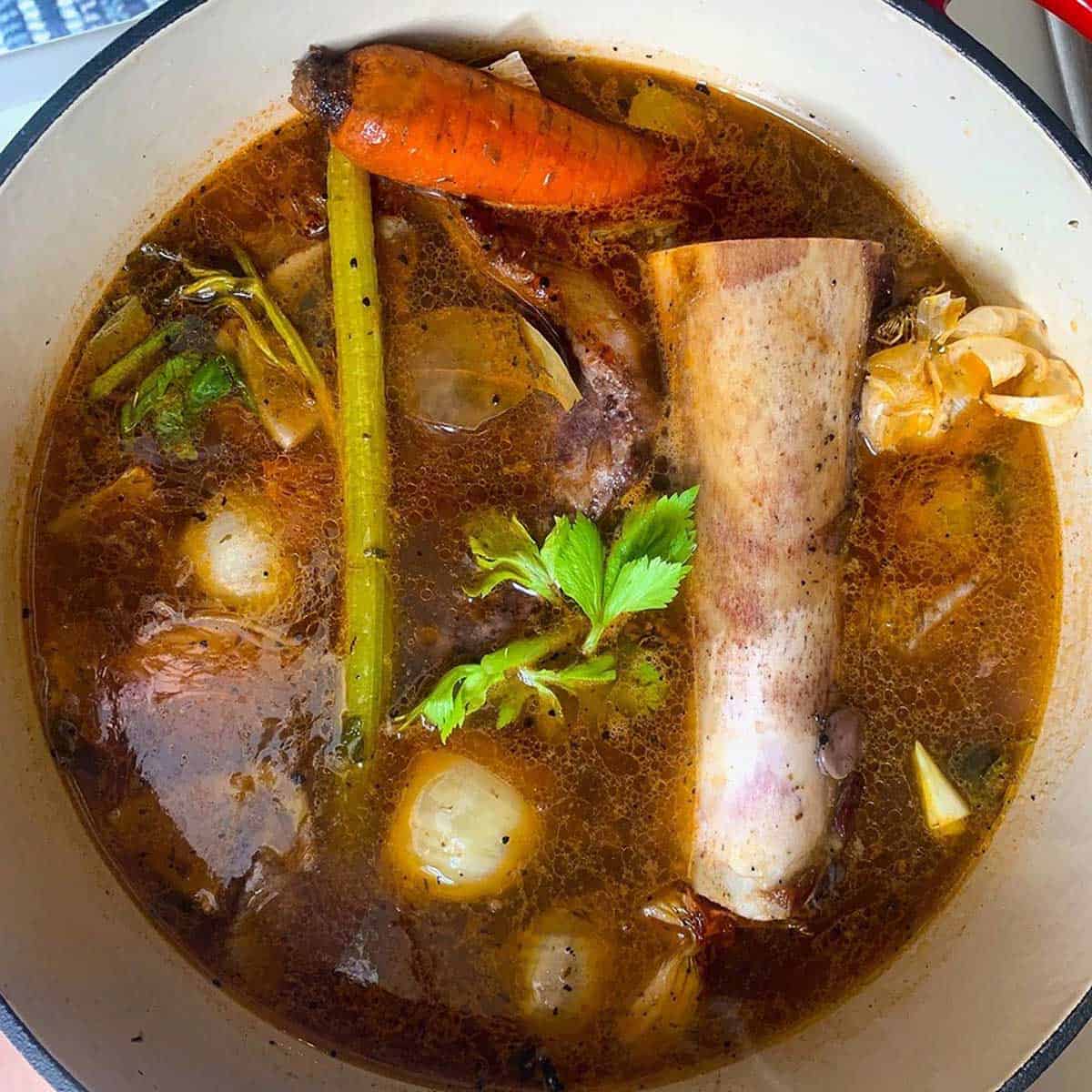 A pot of beef stock with a carrot and a long beef bone.